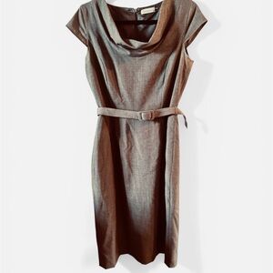 Classic Calvin Klein Cowl Neck Belted Sheath Dress - Brown